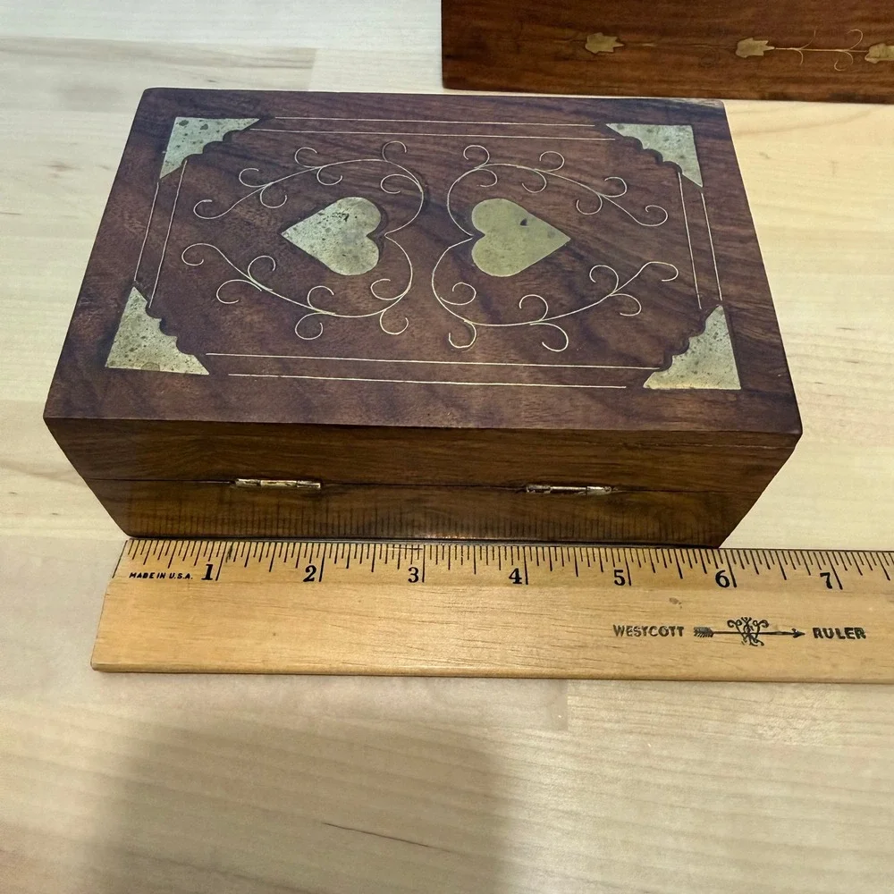 Vintage Wooden Brass Inlaid Boho Hinged Velvet Lined Trinket Boxes Lot of 2